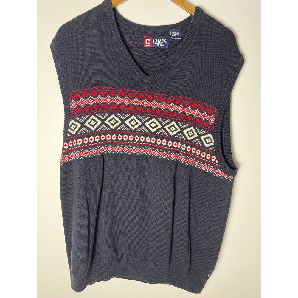 Chaps Sweater Vest XL Fair Isle Cotton V-Neck Knit Preppy Vtg Y2K Retro Festive